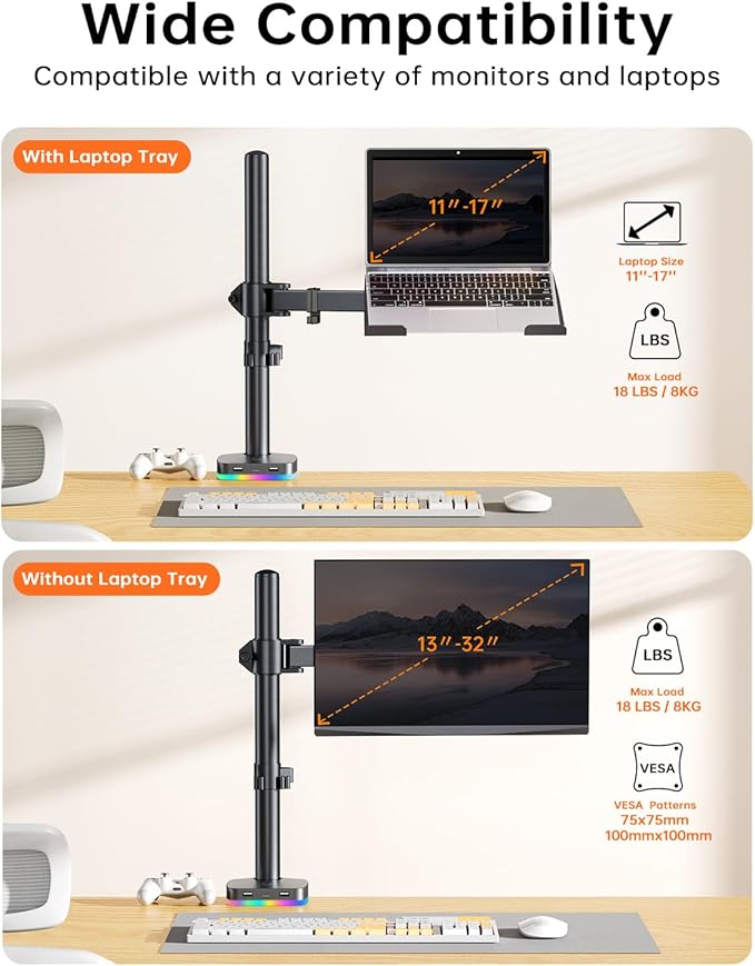 RGB Monitor and Laptop Mount Stand with 3 USB Ports, Charging and USB Data Transfer, Adjustable laptop stand for 13" to 32" Screen and 11"-17” Laptop, Holds 18lbs/Arm, 75x75/100x100 VESA, C-Clamp