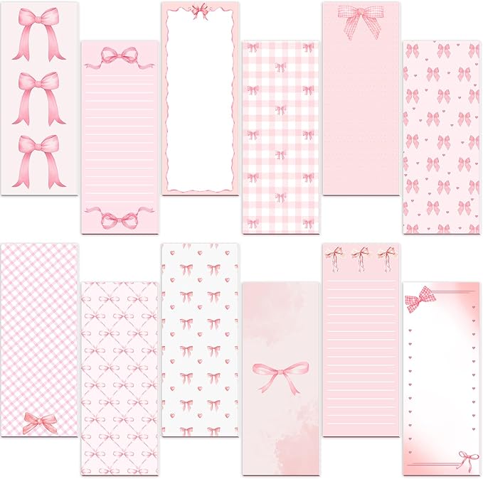 Gersoniel 12 Packs Magnetic Notepads for Refrigerator Monthly Grocery Magnetic List Set to Do List Pads Back Memo Notepad 9 x 3.5 Inches for Fridge Kitchen Shopping Grocery(Pink,Bow)