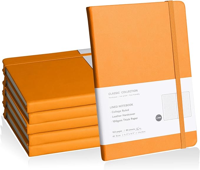 EMOMAS Lined Journal Notebook, 6Pack Hardcover Notebook for Men & Women – Journals for Writing, Work, School, Home & Daily Notes, 160 Pages – Medium A5, 5.7"x8", 100 gsm Thick Paper (Orange)