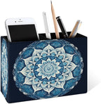 Famame Round Blue Mandala Pencil Holder for Desk, Leather Desktop Container Pen Cup Storage Study Table Pen Organizer Makeup Brush Holder for Classroom Office Home