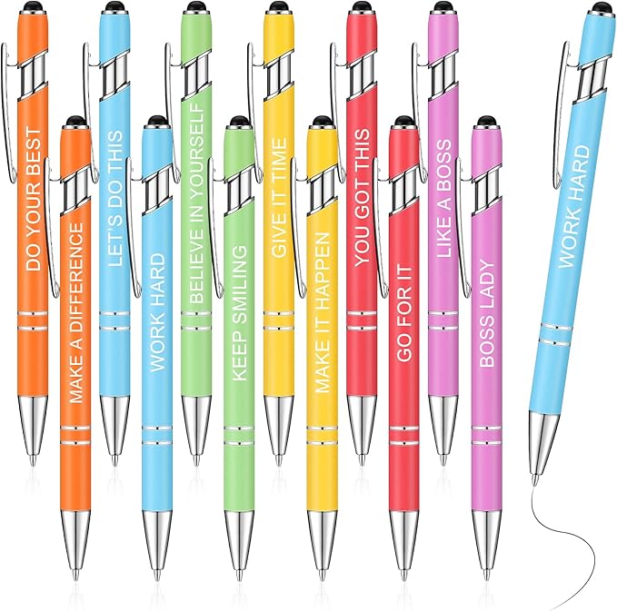 Zonon 12 Pcs Inspirational Pens Bulk Funny Ballpoint Pen with Stylus Tip Motivational Gifts for Valentine's Day Teacher Coworkers Nurse School Office Supplies(Macaron,Boss Lady)