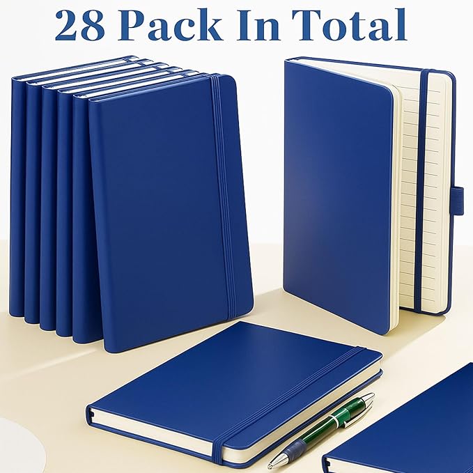 Laumoi 28 Pack PU Leather Lined Notebook Journal Bulk A5 Hardcover Notebook College Ruled 5.5 x 8.2 Inch Journal with Pen Holder for School Business Work Writing(Navy Blue,Simple)