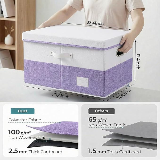 PRANDOM Storage Bins with Lids [3-Pack] Linen Fabric Foldable Storage Boxes Organizer Containers Baskets Cube with Cover for Bedroom Closet Office White&Purple (23.4X15.9X11.4)