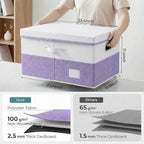 PRANDOM Storage Bins with Lids [3-Pack] Linen Fabric Foldable Storage Boxes Organizer Containers Baskets Cube with Cover for Bedroom Closet Office White&Purple (23.4X15.9X11.4)
