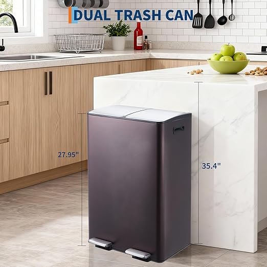 Garvee Dual Trash Can, 16 Gal (2 x 30 l) Stainless Steel Kitchen Garbage Can with Lid and Inner Bucket, Double Compartment Trash and Recycle Bin Combo with Step Pedal for Home Office, Brown