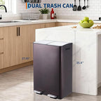 Garvee Dual Trash Can, 16 Gal (2 x 30 l) Stainless Steel Kitchen Garbage Can with Lid and Inner Bucket, Double Compartment Trash and Recycle Bin Combo with Step Pedal for Home Office, Brown