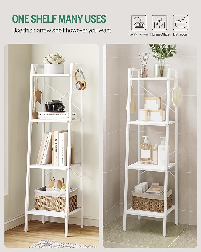 Hzuaneri Ladder Shelf, Bookshelf Bookcase, Freestanding Corner Storage Shelve with 2 Hooks for Home Office, Living Room, Kitchen, Bedroom, Industrial, 4-Tier White BC13213W