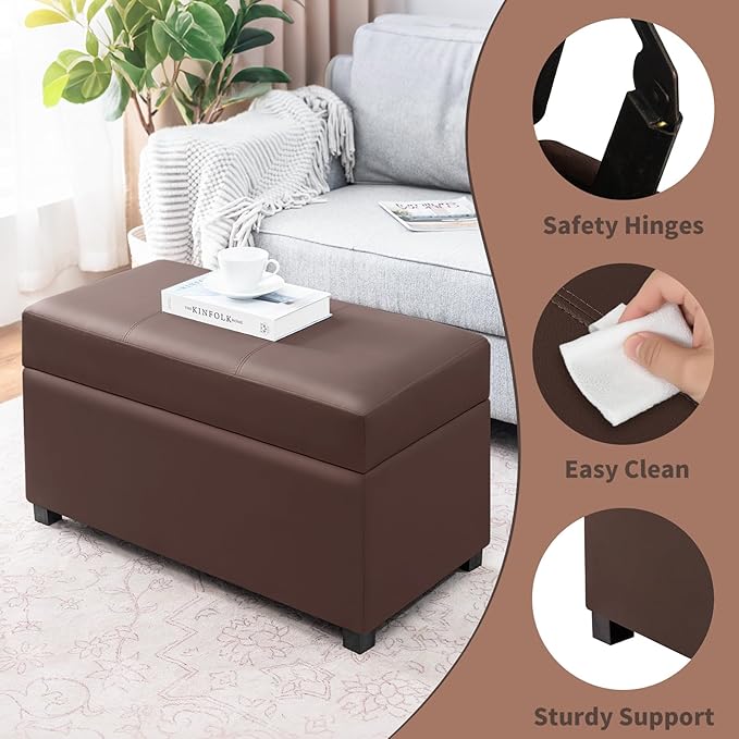 Joveco 32" Leather Storage Ottoman Bench, Rectangle Foot Rest Stool for Living Room, Bedroom, Entryway, Brown