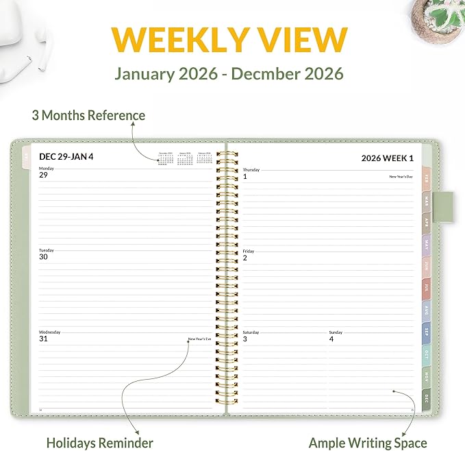 SUNEE 2026 Planner, Weekly and Monthly Calendar Planner 9"x11.2"- 12 Month (January 2026 - December 2026), Vegan Leather Cover, Pocket, Bookmark, Notes, Monthly Tab, Sage Green