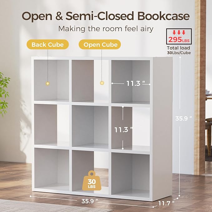 COMHOMA 9 Wood Cube Storage Organizer with Open Back and Removable Back Panels, 11In White Cube Storage Bookshelf, Cubicle Shelf Bookcase for Home Office Bedroom Living Room, Vertical or Horizontal