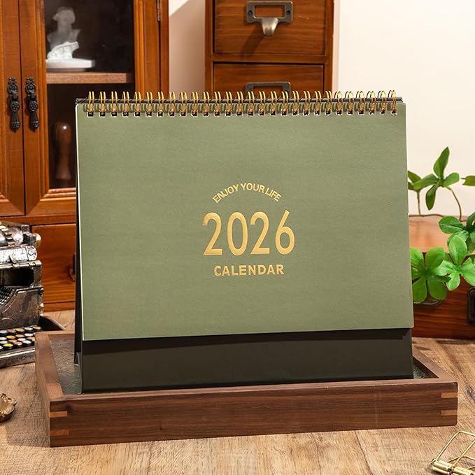 Large Desk Calendar 2026, 9.9" × 8.7" Standing Flip Desktop Calendar from Now to December 2026 - Metal Ring Twin-Wire Binding Monthly Desk Calendar for Home Office School (L-Green)