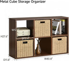 IRONMIX Metal 6 Cube Storage Organizer with Shelves, Modern Short Bookshelf with Storage, 2 Tier Horizontal Bookshelf Cube Shelf, Small TV Stand with Cabinet for Home Office Library(Dark Wooden, 1037)