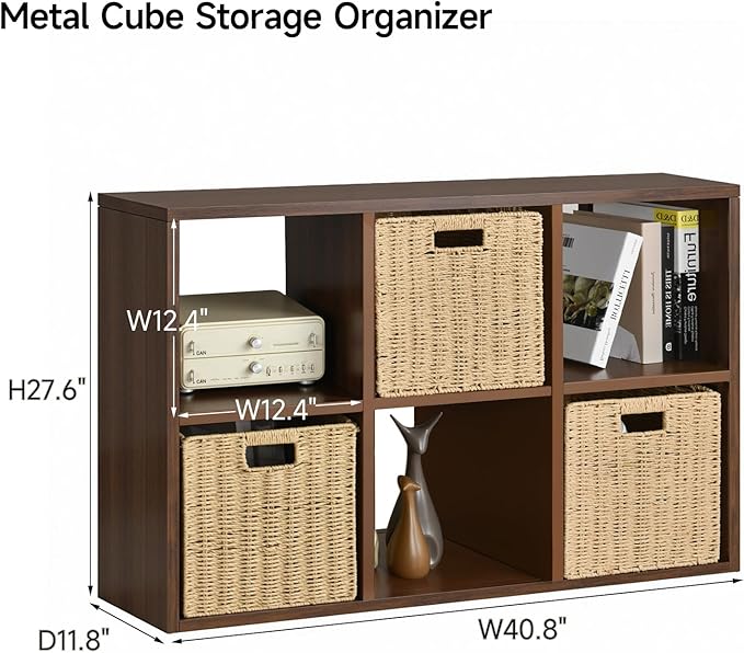 IRONMIX Metal 6 Cube Storage Organizer with Shelves, Modern Short Bookshelf with Storage, 2 Tier Horizontal Bookshelf Cube Shelf, Small TV Stand with Cabinet for Home Office Library(Dark Wooden, 1037)