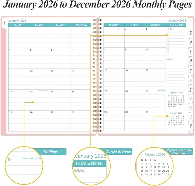 2026 Planner - Planner 2026 from January 2026 to December 2026 with 12 Monthly Tabs, Flexible Cover, Inner Pocket, 8.5" x 11", Pink-A