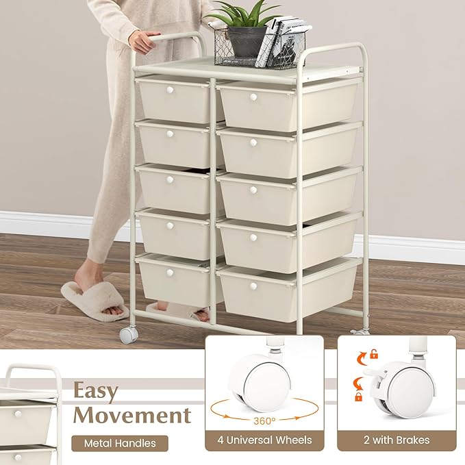 GOFLAME 10-Drawer Rolling Storage Cart, Art Craft Storage Organizer on Wheels, Multipurpose Movable Utility Cart for School, Office and Home, Ivory