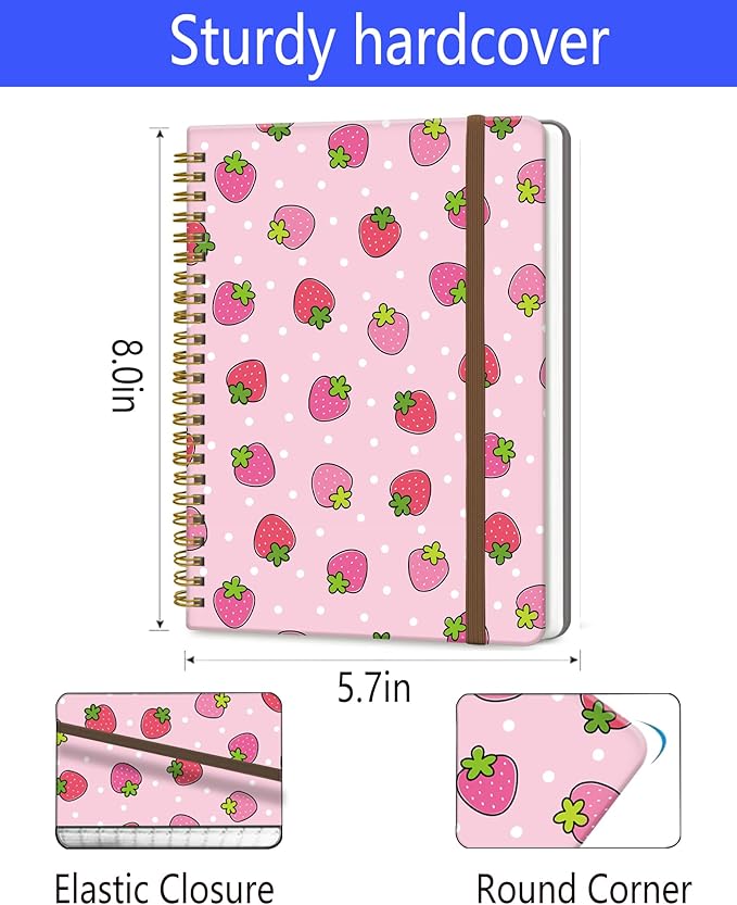 DHGPTS Spiral Journal Notebook, A5 Cute Notebooks for Women Men, College Ruled Hardcover Notebook for Work & Note Taking, 60 Pages Double-Wire Journals for Writing, Cute Strawberry