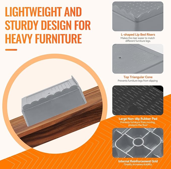 shouwuhho Furniture Risers, 12 Pack Bed Risers with Non-Slip Grip and Heavy Duty Support, 1 Inch 2 Inch 3 Inch 4 Inch Height Lift for Couch, Sofa, Table, Desk, Chair, Refrigerator - Gray, 1 Inch