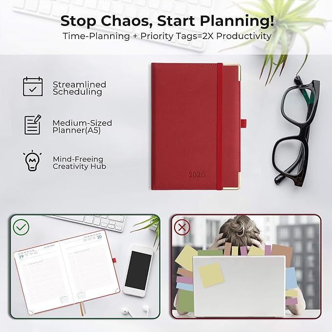 IN-luxpro Daily Planner 2026 with One Page Per Day,(A5-8.5" x 5.9"),12 Months Calendar Hourly Appointment Book Monthly Tabs & Self-adhesive Pen Holder,Inner Pocket, Vegan Leather Hardback,Red
