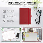 IN-luxpro Daily Planner 2026 with One Page Per Day,(A5-8.5" x 5.9"),12 Months Calendar Hourly Appointment Book Monthly Tabs & Self-adhesive Pen Holder,Inner Pocket, Vegan Leather Hardback,Red