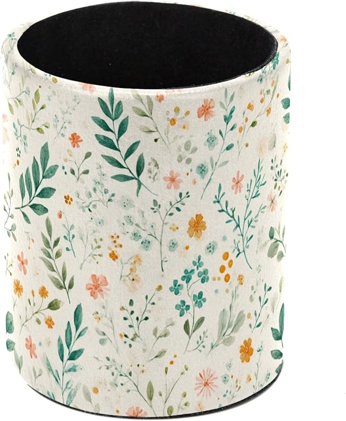Leather Pen Holder for Desk Floral Leaf Pencil Cup Desktop Organizer Makeup Brush Holders Office Supplies for Home, Kids & School