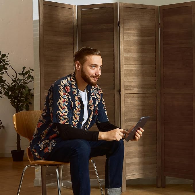 Room Dividers and Folding Privacy Screens, Wood Louvered Separators Divider Wall for Home Office Bedroom - 4 Panels, 67 * 60inch (Brown)