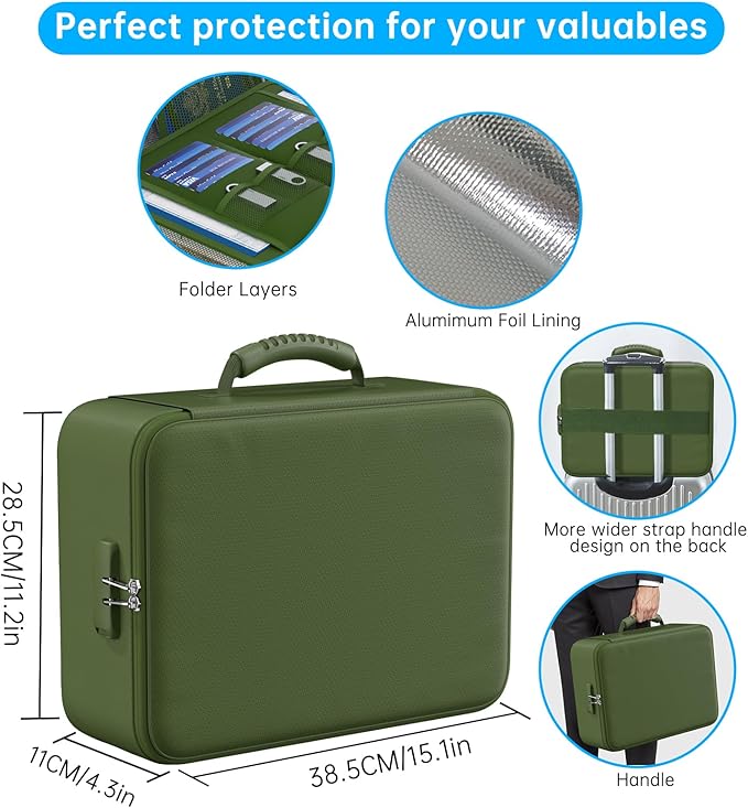 ENGPOW 5200°F Fireproof Document Bag with Lock, Upgraded Heat Insulated Fireproof＆Waterproof Box 8 Layers Document Organizer, Portable Home Travel Safe Storage Box for Important Files, Laptop,Green