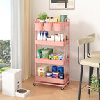 JIUYOTREE 4-Tier Plastic Rolling Storage Cart Utility Cart with Extra Hanging Cups Handles Lockable Wheels for Living Room Bathroom Kitchen Office Pink