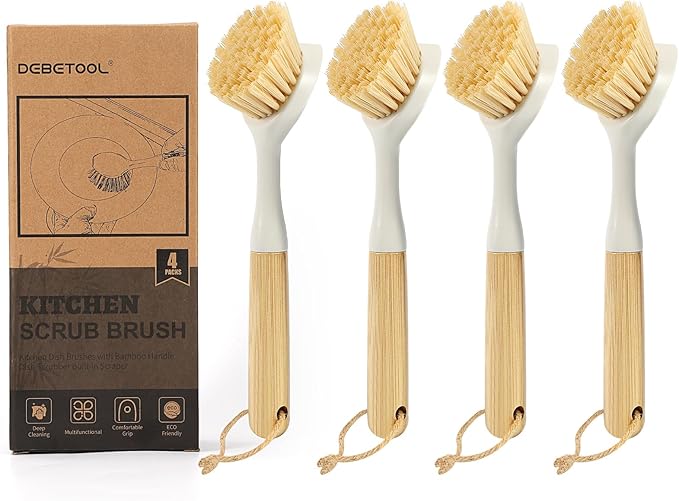 DEBETOOL Dish Brush with Built-in Scraper - 4 Pack Bamboo Dish Scrubber Brush with Handle, Kitchen Brushes for Dishes & Pots, Sink, Eco Cleaning Tool Set