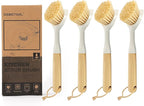 DEBETOOL Dish Brush with Built-in Scraper - 4 Pack Bamboo Dish Scrubber Brush with Handle, Kitchen Brushes for Dishes & Pots, Sink, Eco Cleaning Tool Set