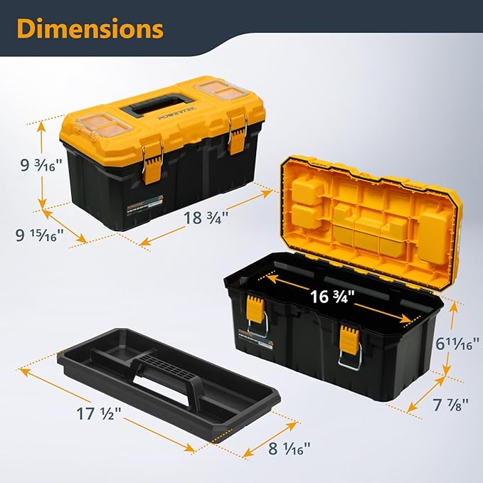 POWERTEC 19-Inch Tool Box with Trays - Lockable, Metal Latch, Organizer, Portable Storage for Tools, Small or Mid-Sized Parts (72362)