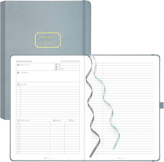 EMSHOI Meeting Notebook for Work with Action Items - 240 Pages A4 Large Project Planner Agenda Organizer Work Notebook for Women Men Office Business, PU Leather Hardcover, 8.5" x 11", Gray Blue