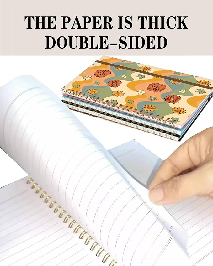 DHGPTS Spiral Journal Notebook, A5 Cute Notebooks for Women Men, College Ruled Hardcover Notebook for Work & Note Taking, 60 Pages Double-Wire Journals for Writing, Retro Boho Flowers