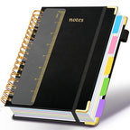 Hardcover Spiral Notebook 6.2"x 8.2" Journal Notebook with Tabs and Removable Dividers 300 Pages 5 Subject Notebook College Ruled, Faux Leather Spiral Bound Notebook for Women School Work (Black)