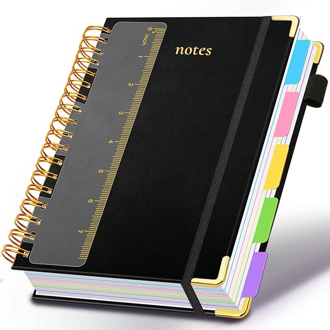 Hardcover Spiral Notebook 6.2"x 8.2" Journal Notebook with Tabs and Removable Dividers 300 Pages 5 Subject Notebook College Ruled, Faux Leather Spiral Bound Notebook for Women School Work (Black)
