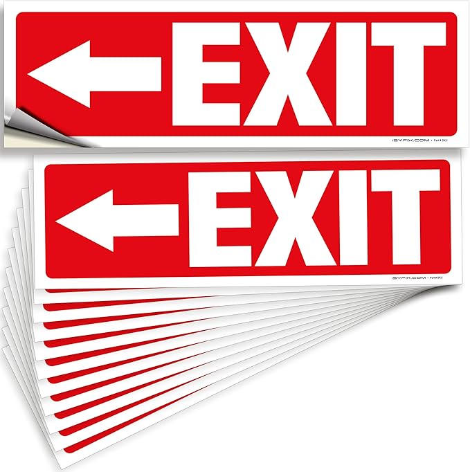 iSYFIX Exit Signs Stickers 12 Pack 12x4 Inch - Laminated Premium Vinyl Directional Left Arrow Signs for Buildings, Office, Workplace, Stores, Schools, Theaters, Parking, Restaurants, Factories