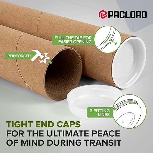 2" x 36" Reinforced Kraft Paper Mailing Tubes, Pack of 4 Tubes with 2 Caps Each – USPS Approved Poster Tube – Made in USA Cardboard Tube for Shipping and Storing Posters, Prints, Artwork, or Documents