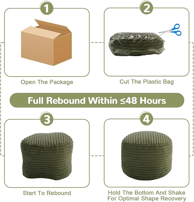 MeMoreCool Stuffed Round Pouf Ottoman Foot Rest, Soft Plush Floor Pouf Foot Stool, Corduray Footstool Footrest, Small Round Ottoman for Living Room Couch Sofa Chair, 20x15 Inch Green