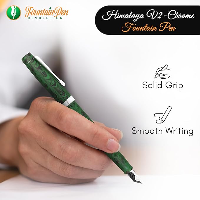 FPR Himalaya V2-Chrome Ultra Flex Nib Pen - Twist-Style Converter Filled Calligraphy Pens for Writing - Fancy Pens for Men & Women - Flex Fountain Pen w/Metal Clip & Cap Ring (Green Ebonite)