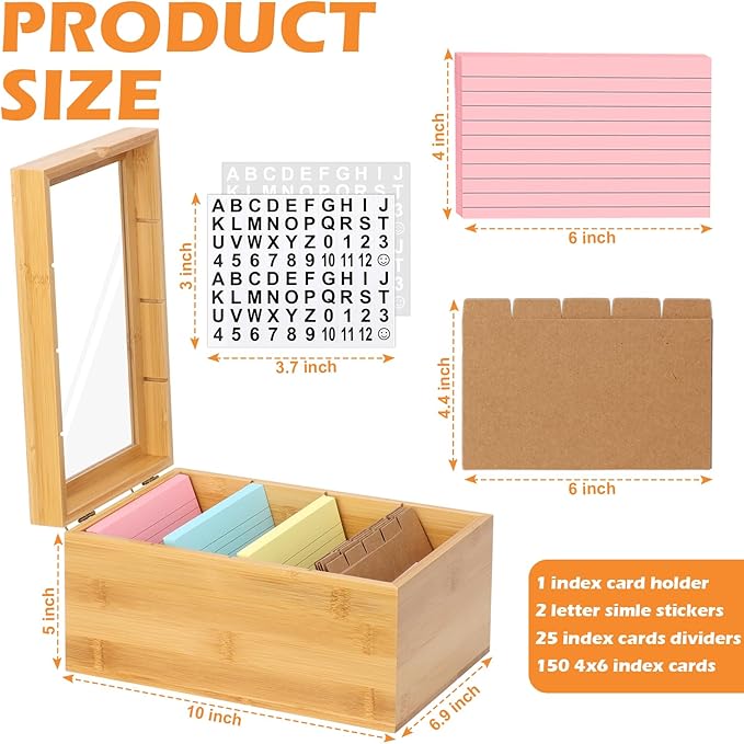 4x6 Index Card Holder with Dividers Bamboo Index Card Organizer Box 4 Compartments Flash Cards Holder with Lid 150 Index Flash Cards 25 Index Cards Dividers 2 Letter Smile Stickers for Office Business