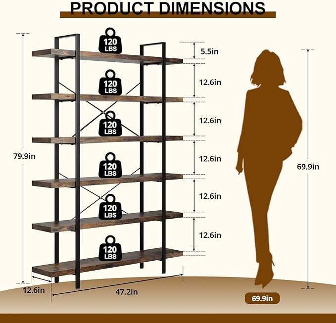 FURSUN Heavy Duty 6 Tier Bookcase, 80-in Tall Industrial Modern Large Bookshelf, Wood Farmhouse Bookcases Book Shelves and Metal Frame for Office, Bedroom, Living Room, Brown