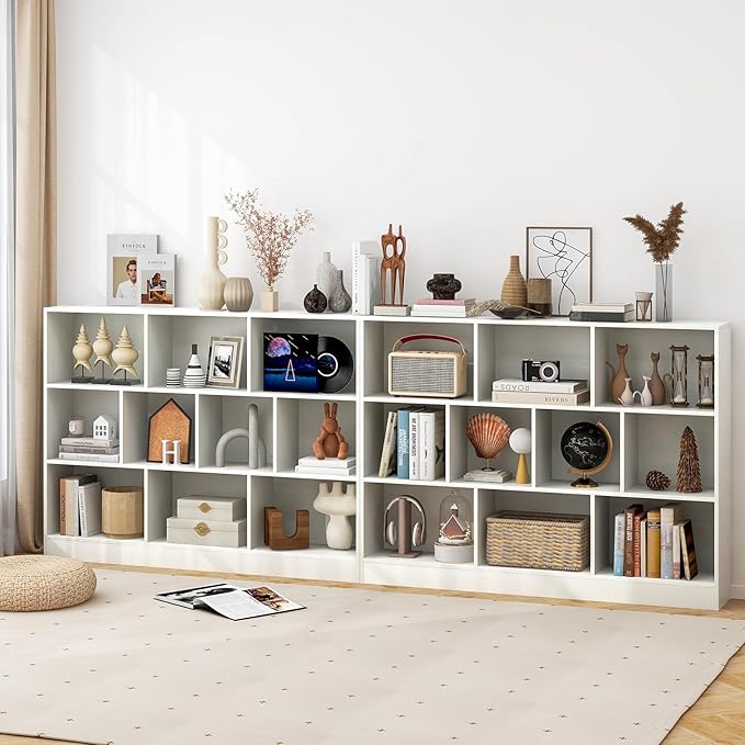 Tangkula 10-Cube Bookshelf, 55”L Floor Bookcase with 2 Anti-Tipping Kits, Freestanding Storage Organizer, 4-Tier Display Shelf for Home, Office & Dorms, Natural/White (White, 10-Cube-Large)