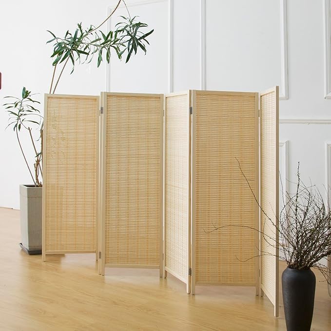 Furnnylane 6 Panel Short Room Divider Screen,Beige Freestanding Partition,Small Bamboo Panel Divider for Room Seperation,3.95 FT Tall