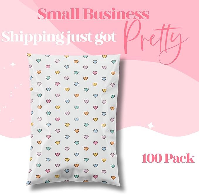Pretty Package Store 6x9 Designer Poly Mailer 100 Pack Heavy Duty Waterproof Self Seal Shipping Bags for Small Business Large Mailing Envelopes Bulk Tear Resistant Packaging Preppy Hearts