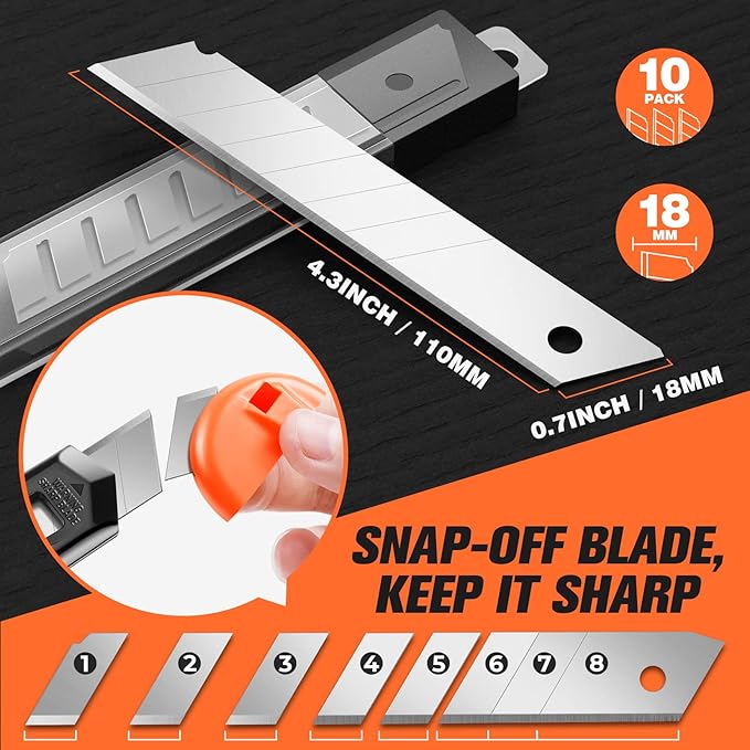 JOYUMY 3 Pack Utility Knife Box Cutter Retractable, Compact Box Knife for Cartons, Cardboard and Boxes, with 10 Piece 18mm Wider Snap-off Blade Razor Sharp Blade, Perfect for Office and Home Use