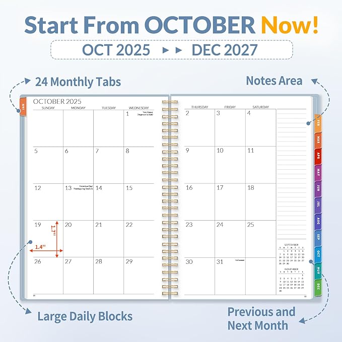 SUNEE 2026-2027 Planner - 24 Months (Jan 2026 - Dec 2027) - 7"x10" Monthly Spreads & Yearly Planner, Gray Blue