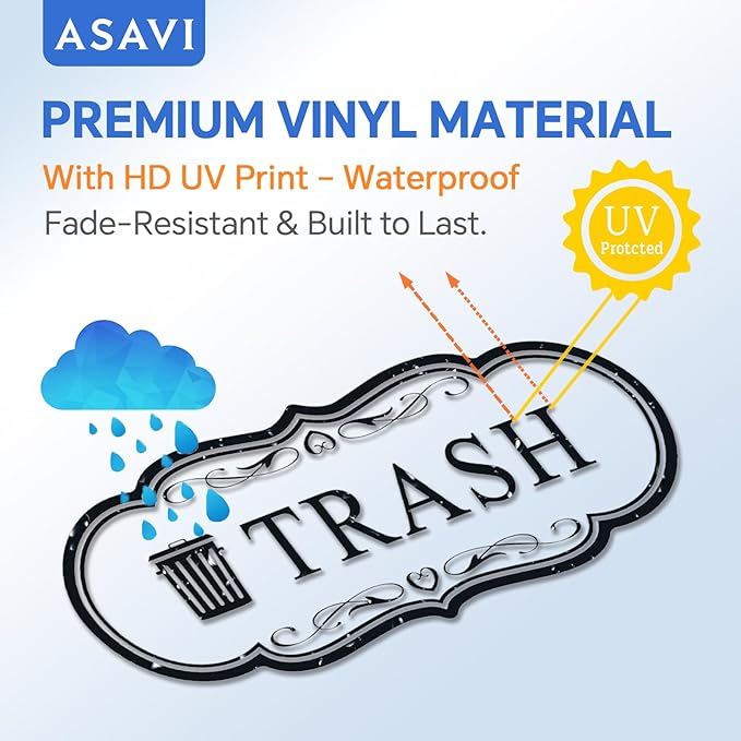 ASAVI Trash & Recycle Stickers – 2-Pack Self-Adhesive Vinyl Labels, Waterproof & Durable (Transparent Background with Black Text, Medium 6.3 x 2.7 inches)