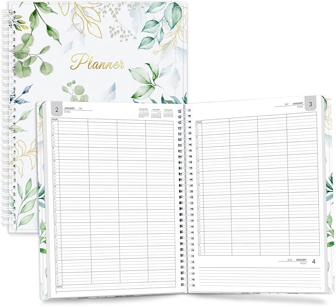 SUNEE 2026 Daily Planner,4-Person Group Appointment Book with Quarter-Hourly Layout. Weekly & One-Page-Per-Day Format, Jan to Dec 2026, 8.5"x11",Weekly Planner, Flexible Cover, Note Pages, Bookmark, Black,Greenery
