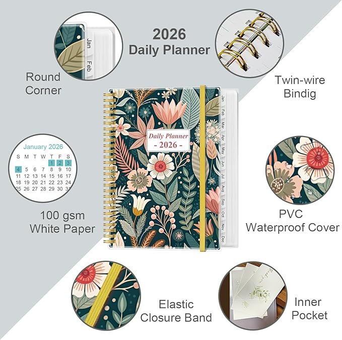 2026 Daily & Monthly Planner - One Page Per Day, Daily Planner from January 2026 - December 2026, Planner 2026 with 12 Monthly Tabs, 8.5" x 11", Flower-B