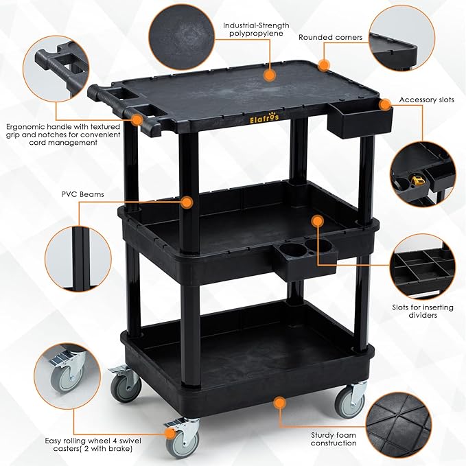 ELAFROS 3-Tier Utility Cart with Flat Top and Deep Shelves, 27.5 x 18.25, Compact Rolling Cart with 4" Wheels, Heavy-Duty Plastic, 330 lbs Capacity for Office, Workshop, Warehouse