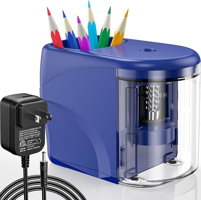 Electric Pencil Sharpener Heavy-Duty Helical Blade Sharpener with Adapter/Battery Operated for No.2/ (6-8mm) Pencils with Auto Stop & Cleaning Brush in School/Classroom/Office (Blue)